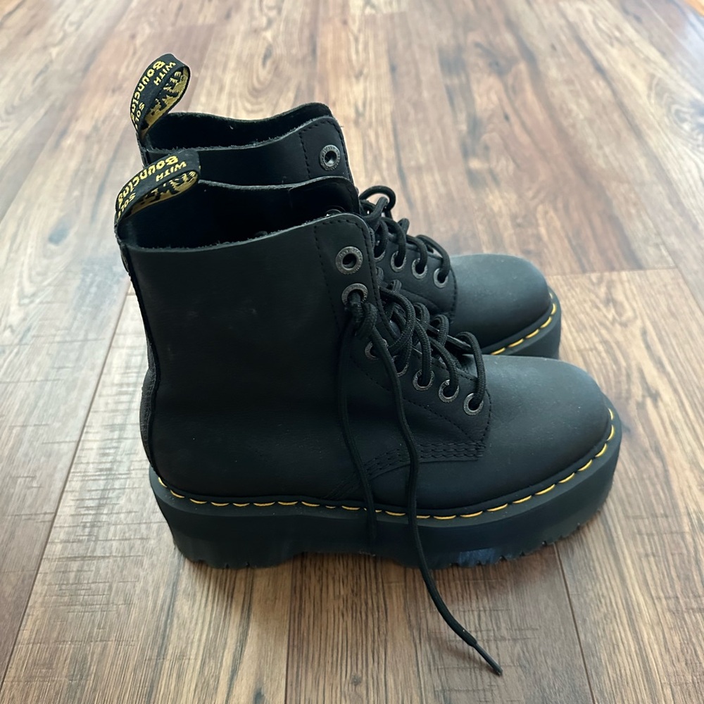 Dr. Martens Black Leather Platform Combat Boots with Yellow Stitching